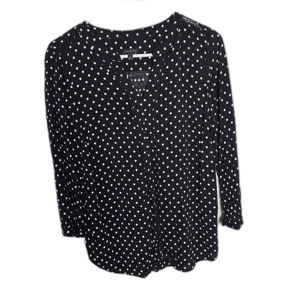Talbots Polka Dot V-Neck Blouse Medium Black White Crochet Lace Trim 3/4 Sleeve